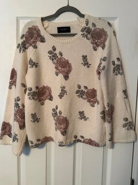 Lucky Brand Womens L Pullover Sweater Wool Blend Floral Rose Print Cream